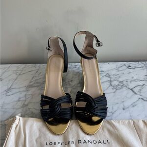 Loeffler Randall Black and Gold Heeled Sandals